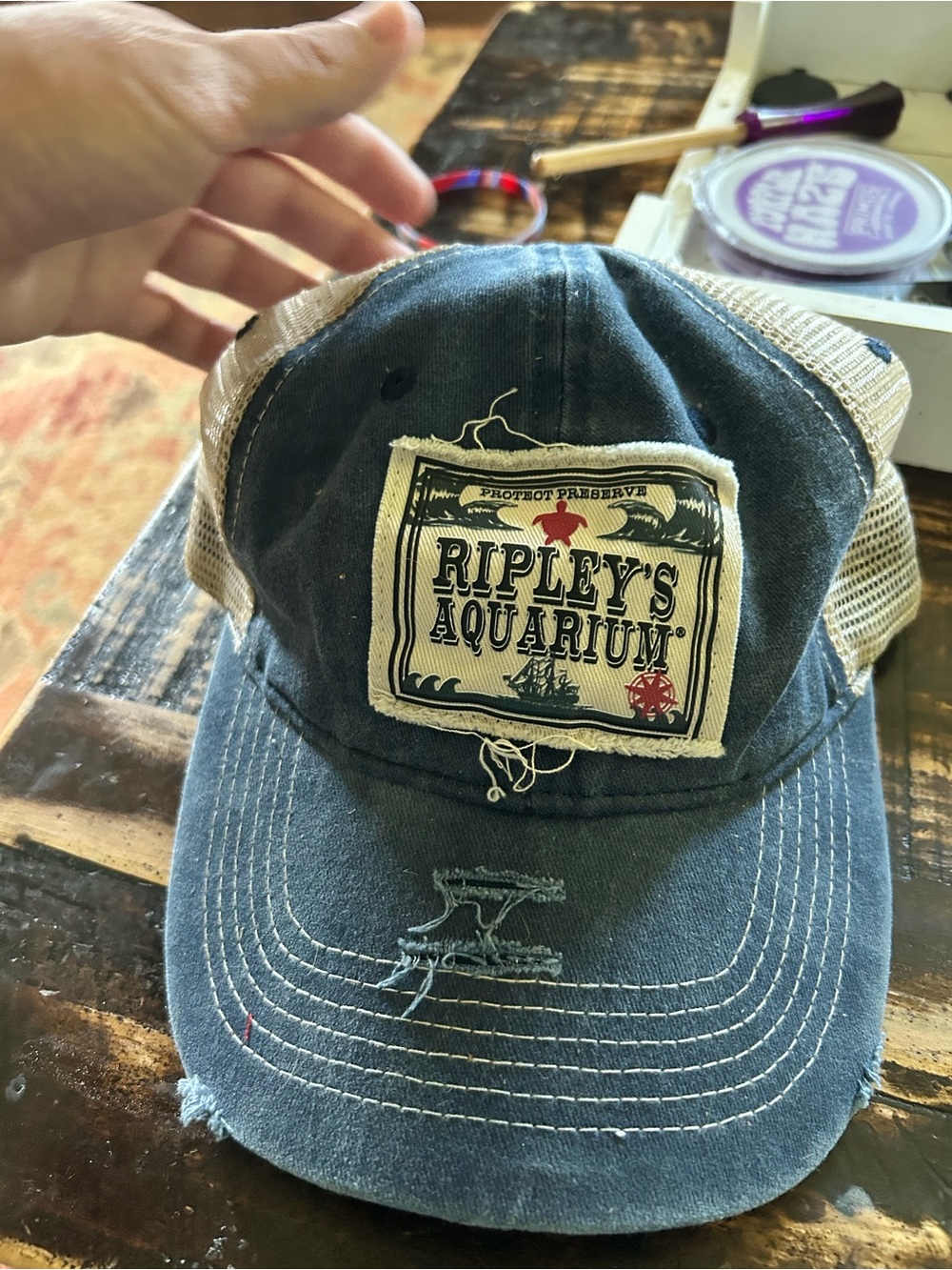 Ripley's Aquarium Distressed Trucker Cap - Navy & Tan